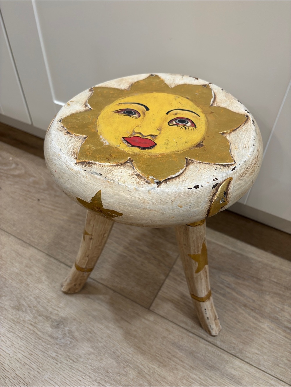 Celestial Hand-Painted Sun Face Wooden Stool